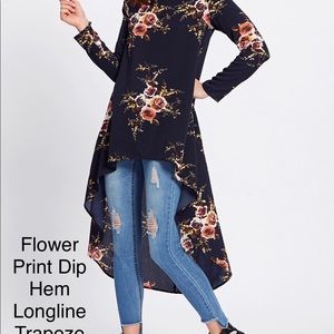 Floral Print Dip Hem Longline Trapeze Top